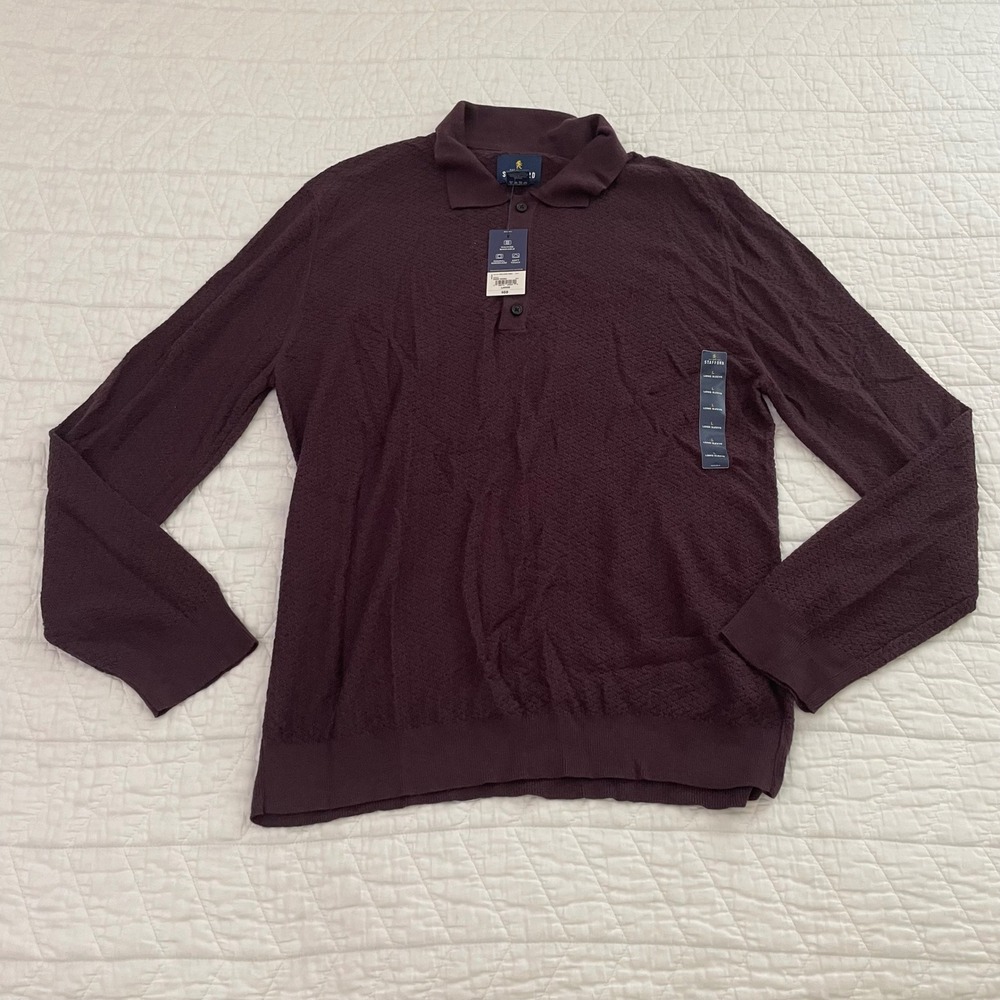 Stafford Mens Dark Raisin Cotton Silk Blend Long Sleeve Polo Sweater Large NWT